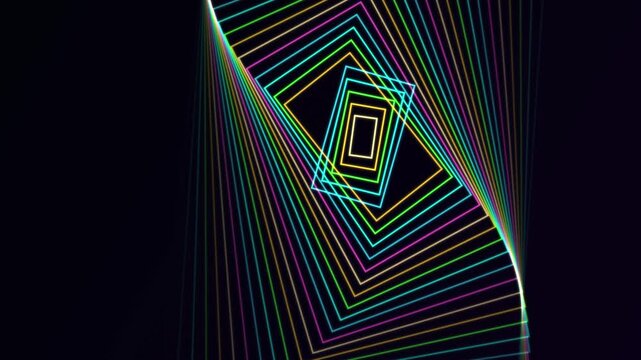 Abstract Neon Rainbow Rectangles Rotating in a Hypnotic Tunnel Motion