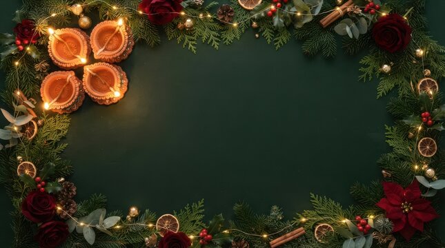 Festive green wreath with diyas and red roses for holiday decor