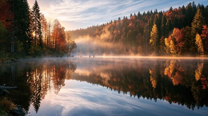 Obraz premium Autumn forest lake with mist at sunrise reflecting colorful trees and calm water serene landscape