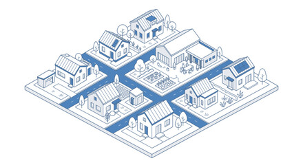 Fototapeta premium Isometric illustration showcases a suburban neighborhood composed of various detached single-family homes, each with unique architectural details and surrounding green spaces, connected by roads.
