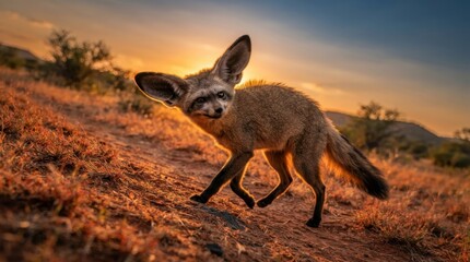 Fototapeta premium Bat-Eared Fox in Desert Sunset: A charming bat-eared fox with its signature large ears treads carefully across a sun-drenched desert landscape as the sky paints a vibrant sunset.