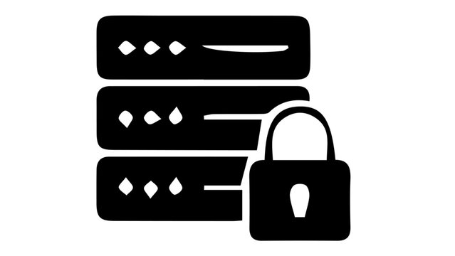 Secure server hardware icon, black database storage with padlock, protected data center vector for network security