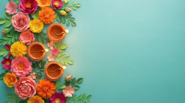 Paper craft flowers and lit diya lamps on turquoise background