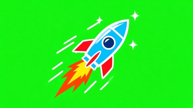 Animated flying rocket launch startup speed on green screen