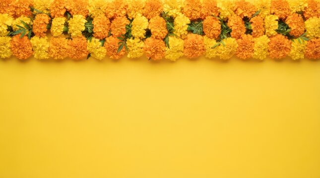 Vibrant yellow and orange marigold flowers garland on solid yellow background