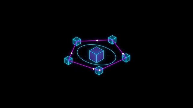 Isometric Blockchain Network Concept with Glowing Digital Data Blocks Connected in Decentralized Cyber System