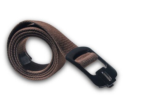Coiled brown fabric belt with black buckle on white background