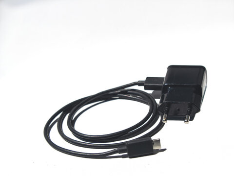 Black power adapter and charging cable with USB connector