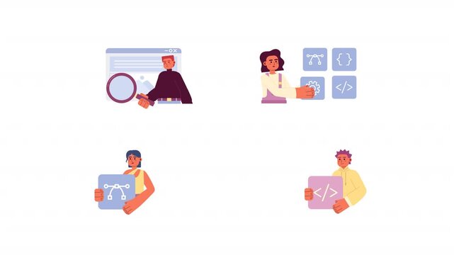 Software development tools and debugging cartoon animation pack. Bug detection and testing. Diverse programmers with code symbols animated flat 4K video collection isolated on transparent background