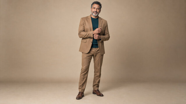 Latino man in camel suit full body studio portrait