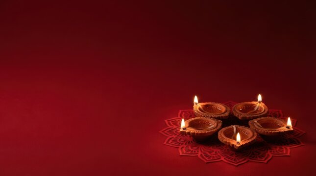 Five glowing clay diyas arranged on red surface for Diwali