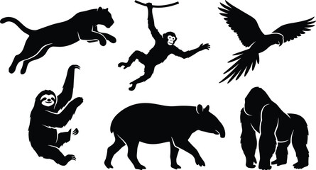 Fototapeta premium Collection of wild rainforest animal black silhouettes featuring panther, monkey, macaw, sloth, tapir, and gorilla isolated on white