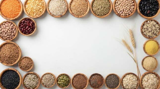 Assorted grains and pulses in wooden bowls border