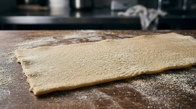 Fresh pasta dough thinly stretched on wooden surface with flour