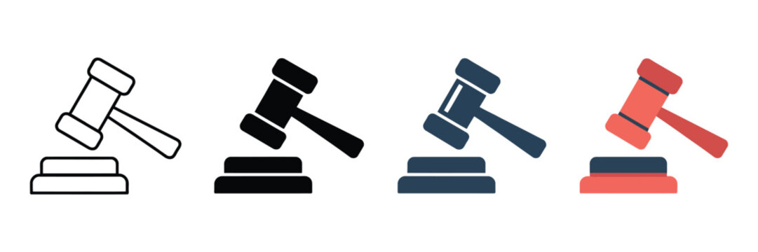 Judge gavel icon featuring flat and outline styles for law, justice, court decisions, legal authority, auctions, and bidding