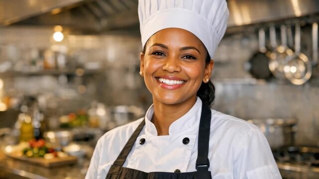 Smiling female chef in professional uniform and chef hat in a restaurant kitchen