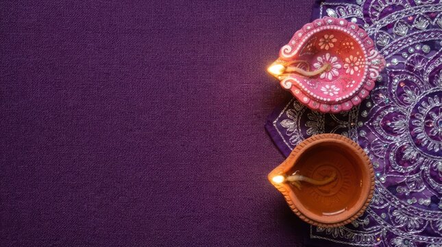 Two decorative diyas placed on ornate purple fabric for festival