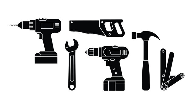 Black silhouette illustration of various hand and power tools including drill, saw, wrench, hammer, and multitool arranged horizontally on white background, symbolizing construction, repair, and DIY c
