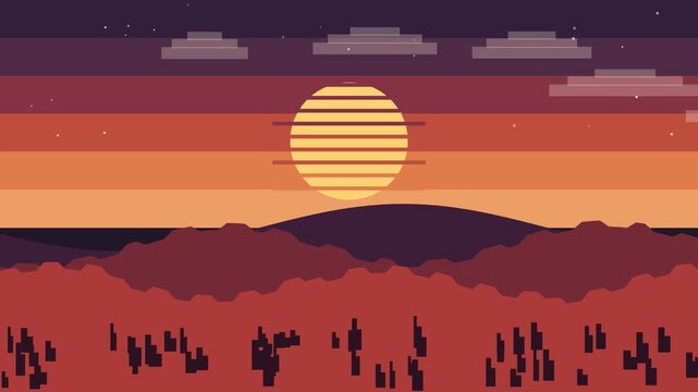 Pixel art sunset background loop synthwave animation showing retro 80s mountain landscape with sun movement and clouds lo-fi footage