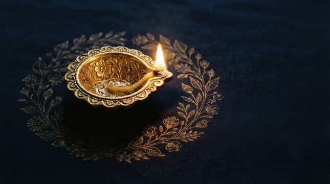 Ornate gold diya lamp on dark blue surface with floral imprint