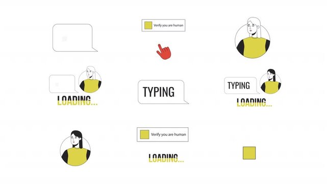 Human verification and typing status cartoon animation pack. Online chat bubbles. User avatars. Captcha checkbox. Loading states animated flat 4K video collection isolated on transparent background