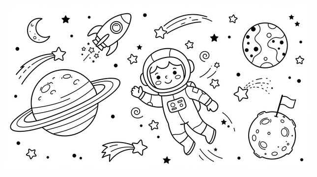 Cute astronaut in space with planets and rocket ship hand drawn doodle set
