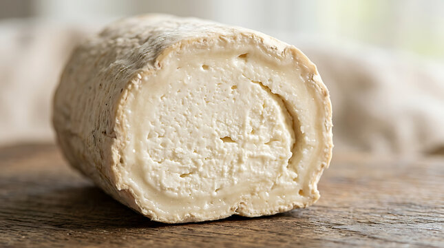 Close up of a creamy goat cheese log on a wooden board