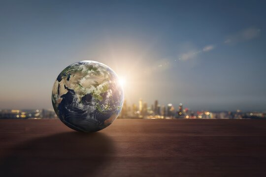 A detailed globe resting on a wooden surface with a blurred city skyline background at sunrise, symbolizing global business, international trade, and world connection.