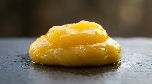 Close up of a dollop of bright yellow lemon curd on a dark surface.