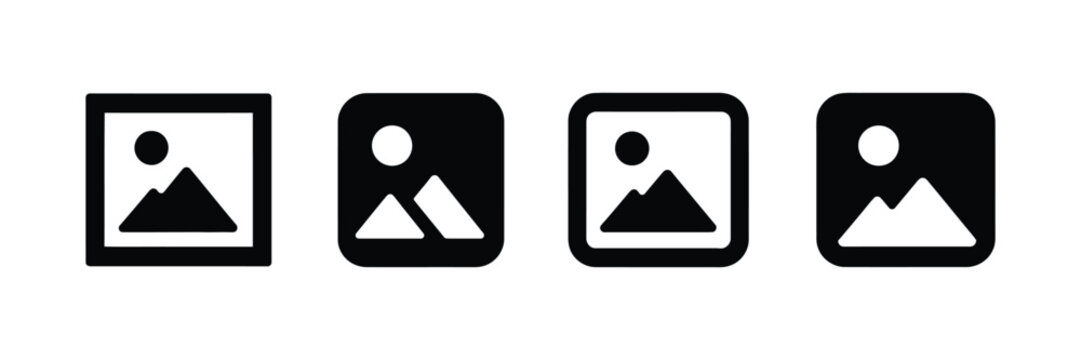 Image icon set featuring pictures, photo albums, gallery symbols, media files, upload functions, digital content, and photography design.