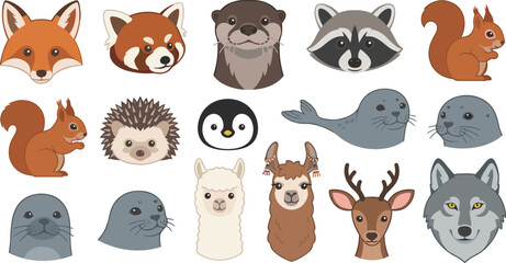 Fototapeta premium Cute Woodland Animal Face Collection Featuring Fox, Raccoon, Squirrel, Otter, Deer and Arctic Wildlife