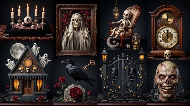 Halloween collage of spooky horror objects skeleton clock and haunted house