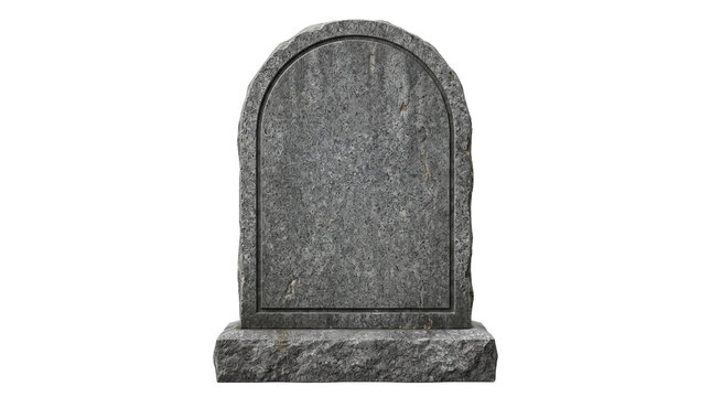 Blank granite tombstone, weathered grey stone headstone for cemetery memorial, arched grave marker with copy space isolated PNG with Transparent Background