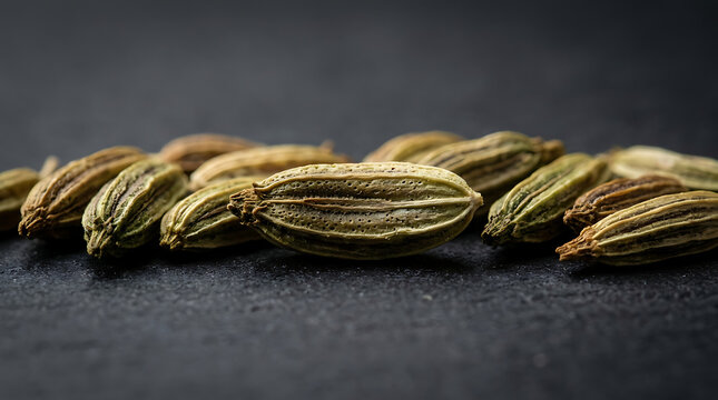 Close-up macro of dried fennel seeds on a dark slate surface, aromatic spice background