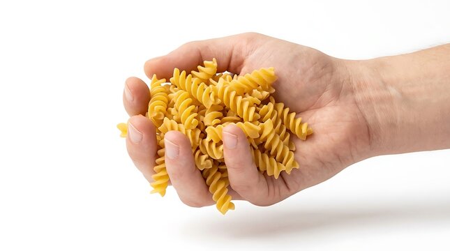 A hand holding a handful of dry fusilli pasta noodles on white background.