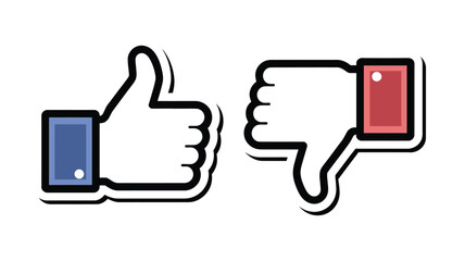 Obraz premium Thumbs up and thumbs down like dislike icons set, hand gesture feedback symbol for social media reaction, voting, and user review graphics.