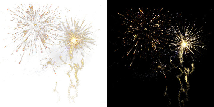 new year's eve, silvester, new year, celebration greeting card - golden firework fireworks pyrotechnic overlay, isolated on black and transparent background png