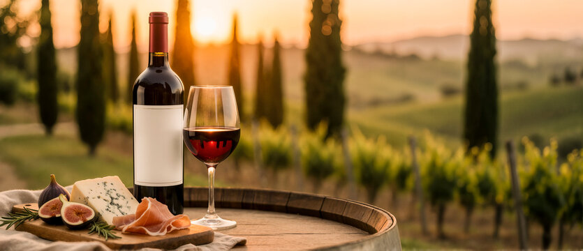 Vino rosso botte formaggio fichi prosciutto tramonto
