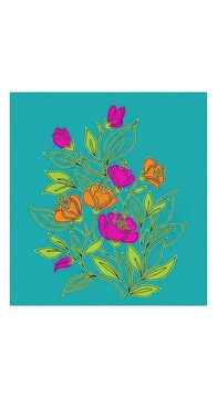 Minimalist monoline garden illustration featuring rhythmic line art of organic leaves and blooming blossoms on a solid colored background, abstract, leaves, minimalist