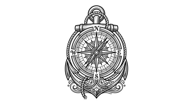 Vintage nautical anchor combined with a compass rose and rope ornament, black and white line art vector illustration isolated on a white background.