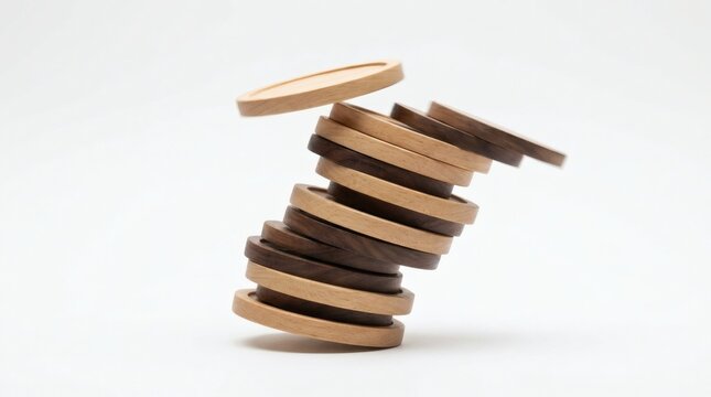Unstable stack of wooden checkers game pieces on white background, falling stack of wooden tokens, balance and risk concept
