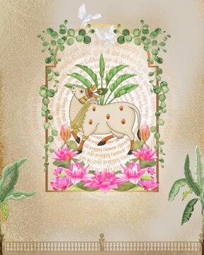 Elegant Pichwai Cow Lotus Garden Mural