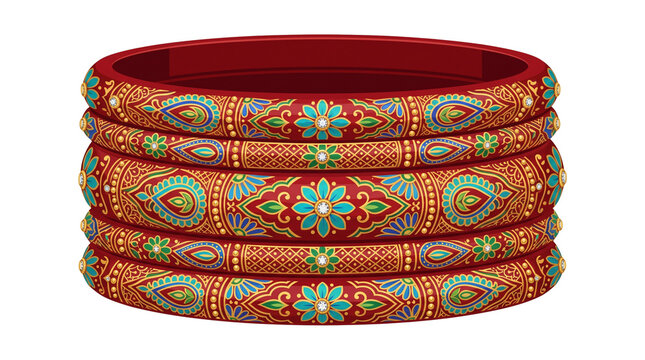 Traditional Indian red bangles with gold filigree, ornate bridal jewelry set with turquoise floral patterns, ethnic wedding accessories isolated PNG with Transparent Background