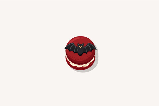 Red Halloween French Macaron Top View Decorated with Cute Black Bat Icon Vector Illustration