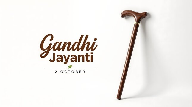 Gandhi Jayanti October 2 Banner with Wooden Walking Cane on White Background