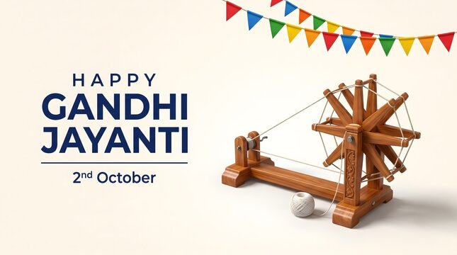 Happy Gandhi Jayanti Banner with Wooden Charkha Spinning Wheel and Colorful Bunting Flags