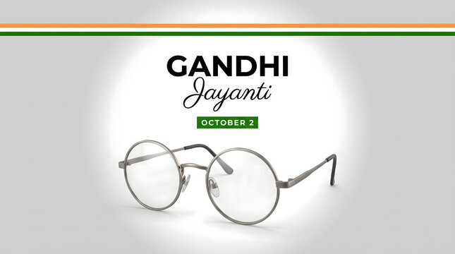 Gandhi Jayanti October 2 Banner with Round Metal Eyeglasses on Gray Background with Tricolor Accent