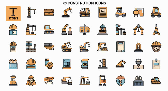 Collection of K3 construction icons for design projects, vector illustrations of building tools and equipment