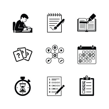 Business professional reviewing documents and data charts with productivity icons and time management tools