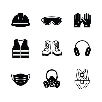 Flat lay safety gear icons set for workplace protection and industrial equipment vector illustration